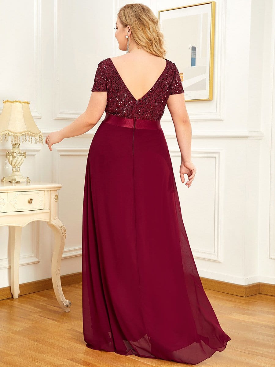 Plus Size Sequin Short Sleeve High Low Evening Dress #color_Burgundy Plus Size Sequin Short Sleeve High Low Evening Dress