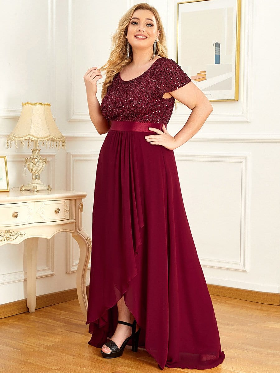 Plus Size Sequin Short Sleeve High Low Evening Dress #color_Burgundy Plus Size Sequin Short Sleeve High Low Evening Dress