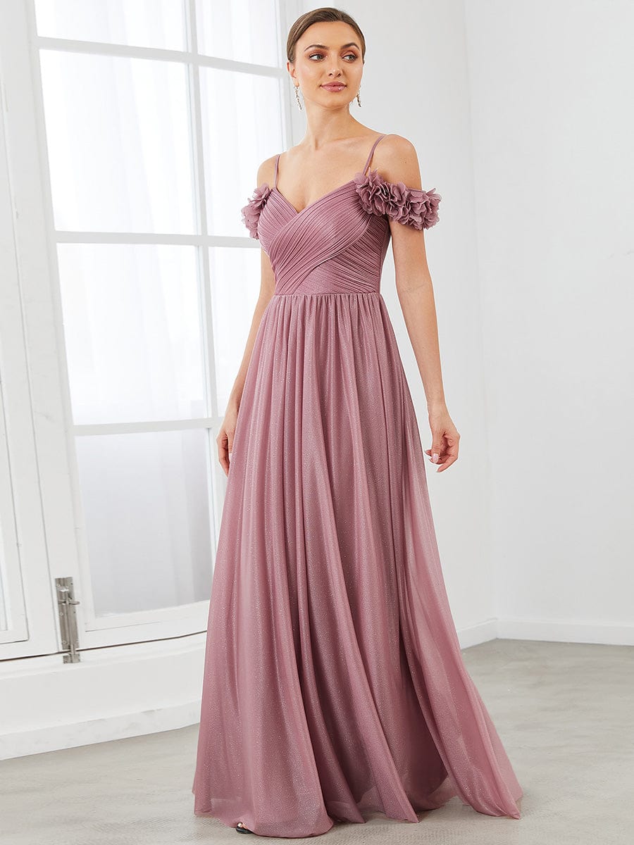 Shining Off-Shoulder Floral V-Neck Evening Dress #color_Purple Orchid