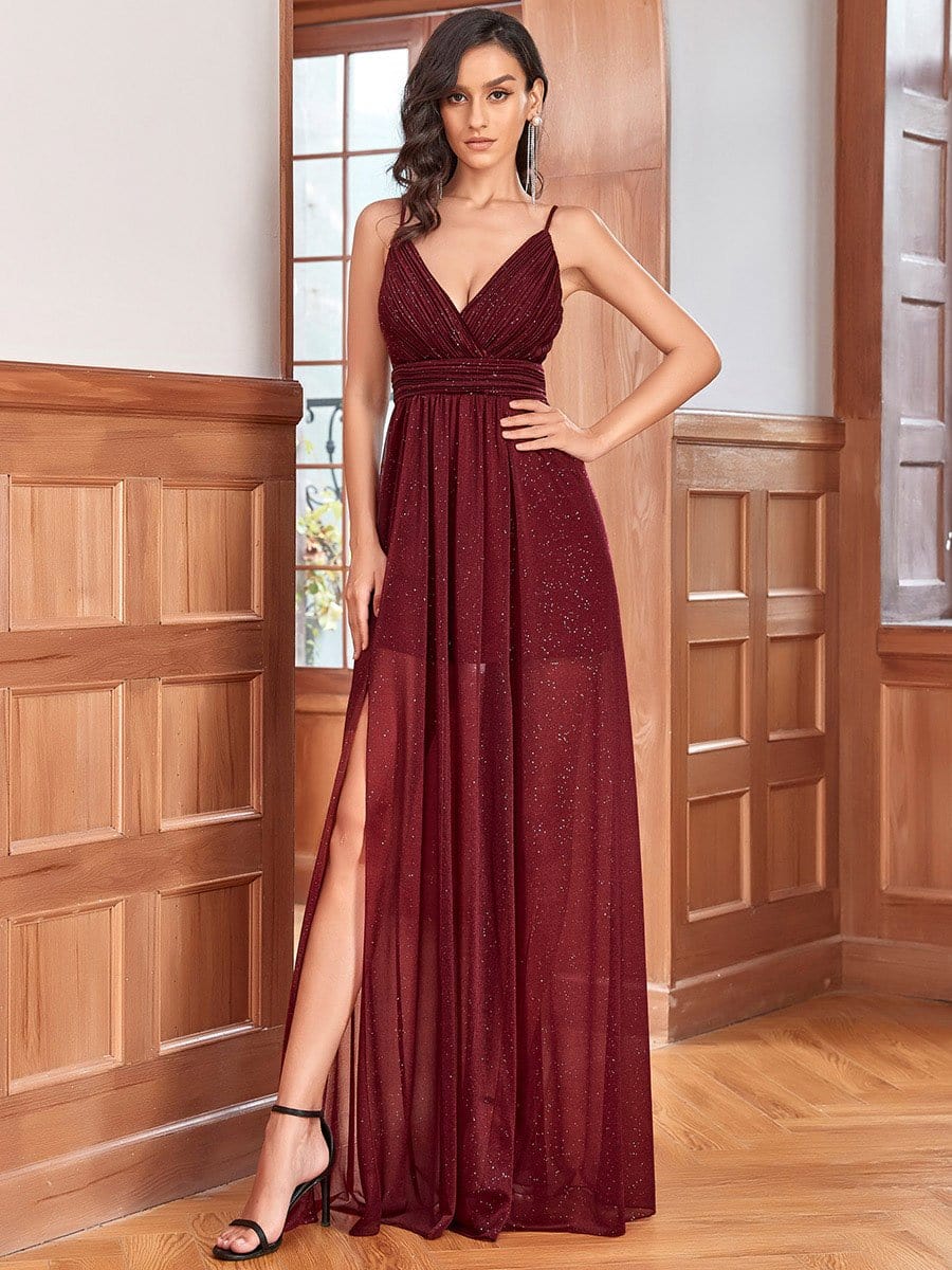 Maxi Long V Neck A-Line Sleeveless Evening Dress #color_Burgundy