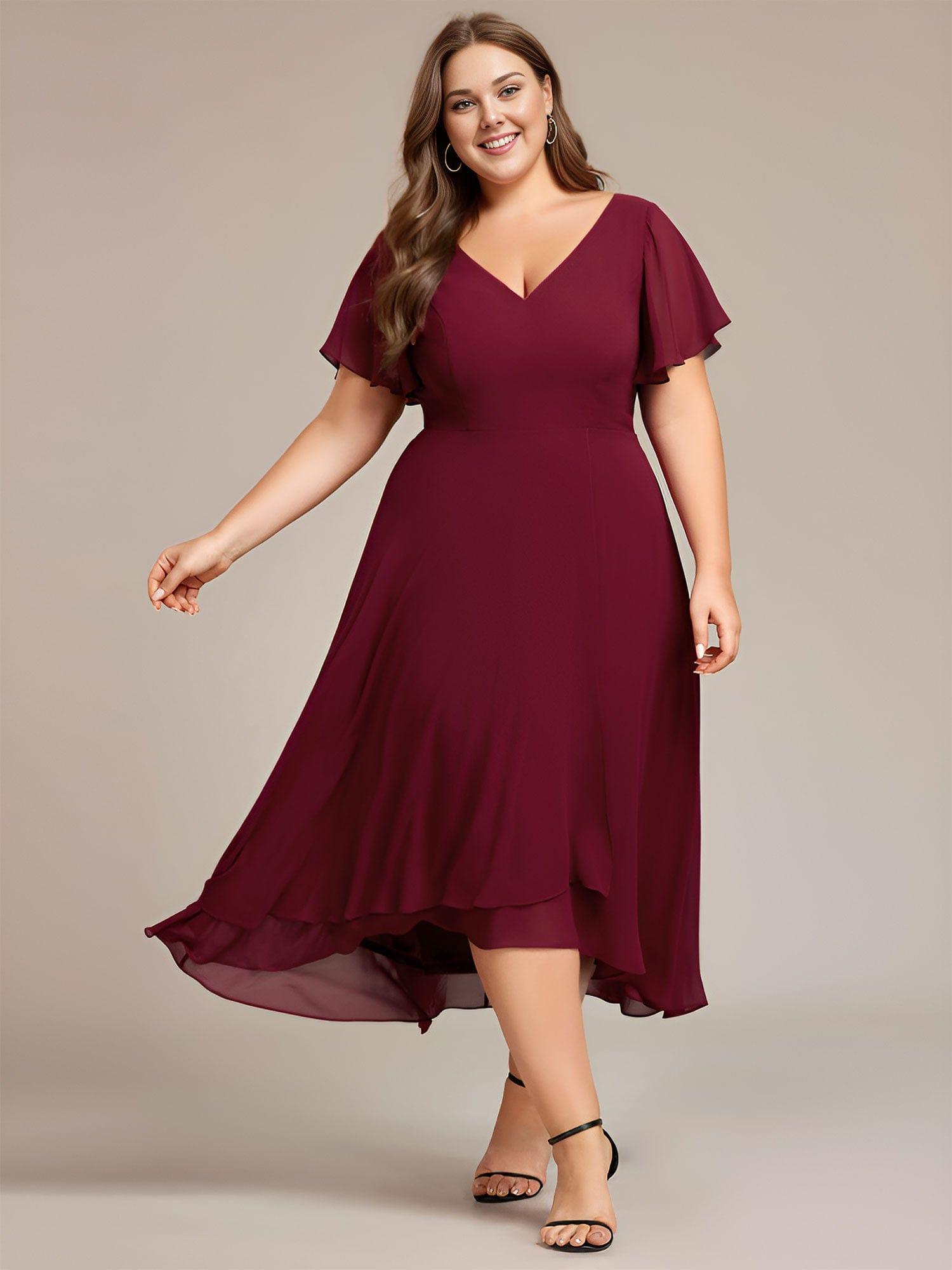 High Low Chiffon Wedding Guest Dress with V-Neck and Ruffle Sleeves #Color_Burgundy