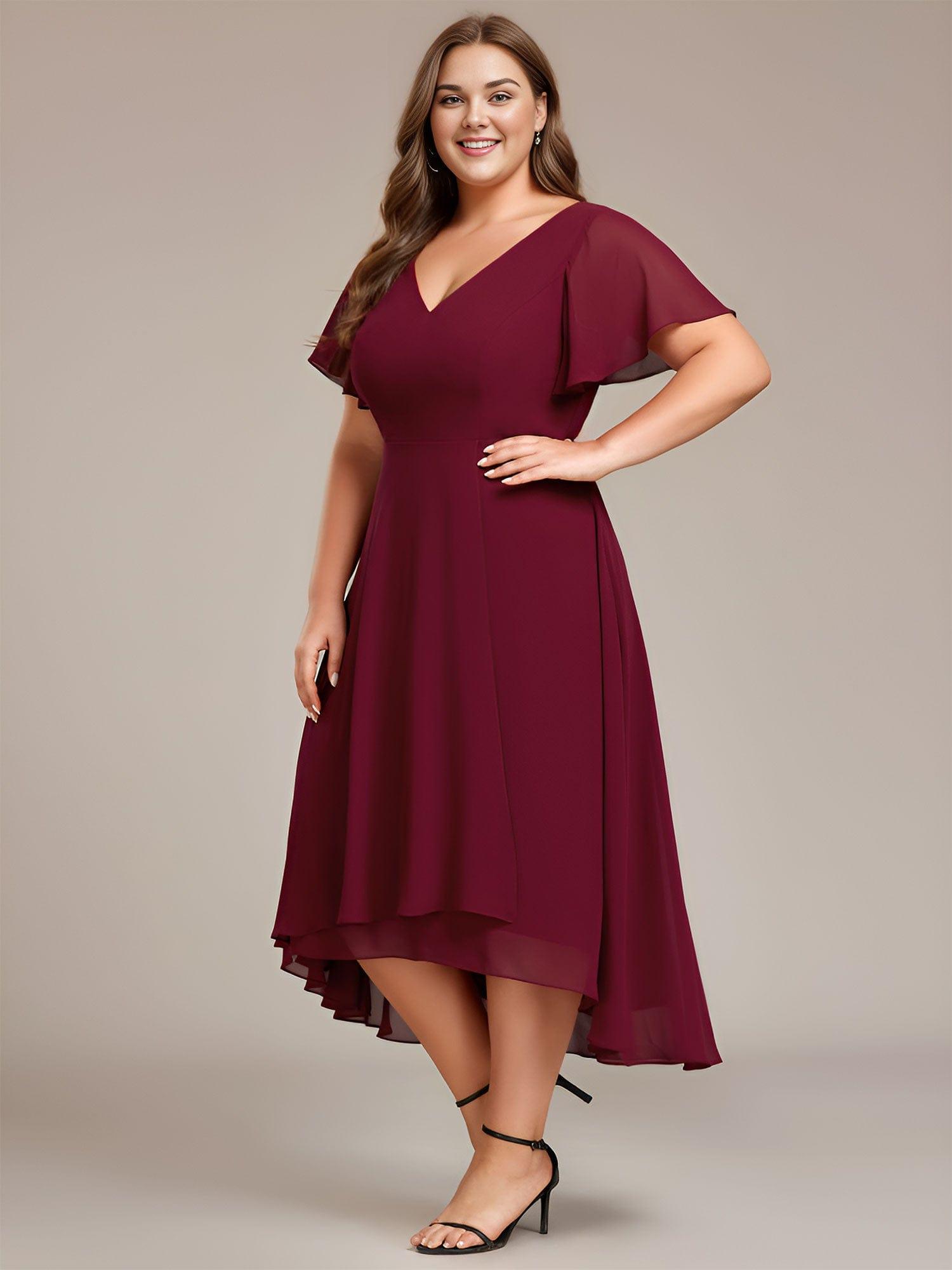 Plus Size High Low Chiffon Wedding Guest Dress with V-Neck and Ruffle Sleeves #Color_Burgundy