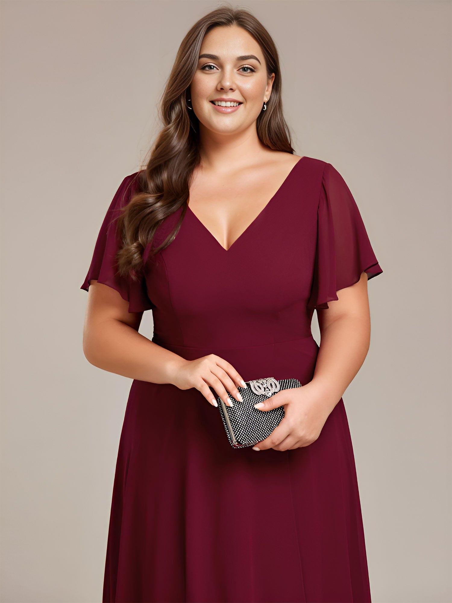 High Low Chiffon Wedding Guest Dress with V-Neck and Ruffle Sleeves #Color_Burgundy