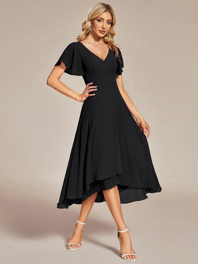 High Low Chiffon Wedding Guest Dress with V-Neck and Ruffle Sleeves #Color_Black