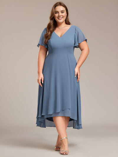 Plus Size High Low Chiffon Wedding Guest Dress with V-Neck and Ruffle Sleeves #color_Dusty Blue