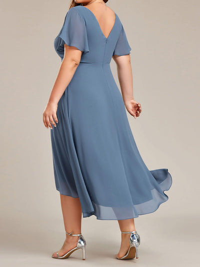 Plus Size High Low Chiffon Wedding Guest Dress with V-Neck and Ruffle Sleeves #color_Dusty Blue