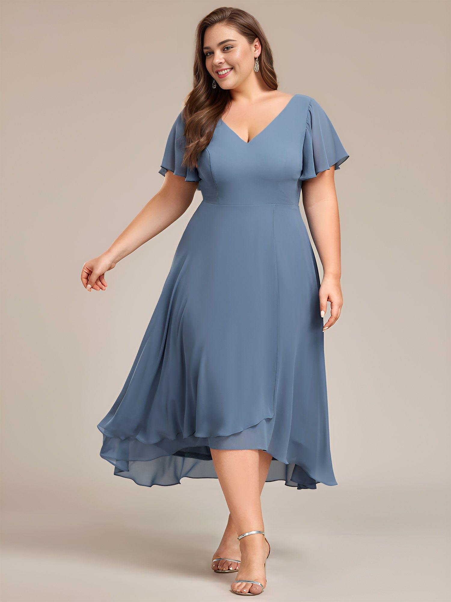 Plus Size High Low Chiffon Wedding Guest Dress with V-Neck and Ruffle Sleeves #color_Dusty Blue