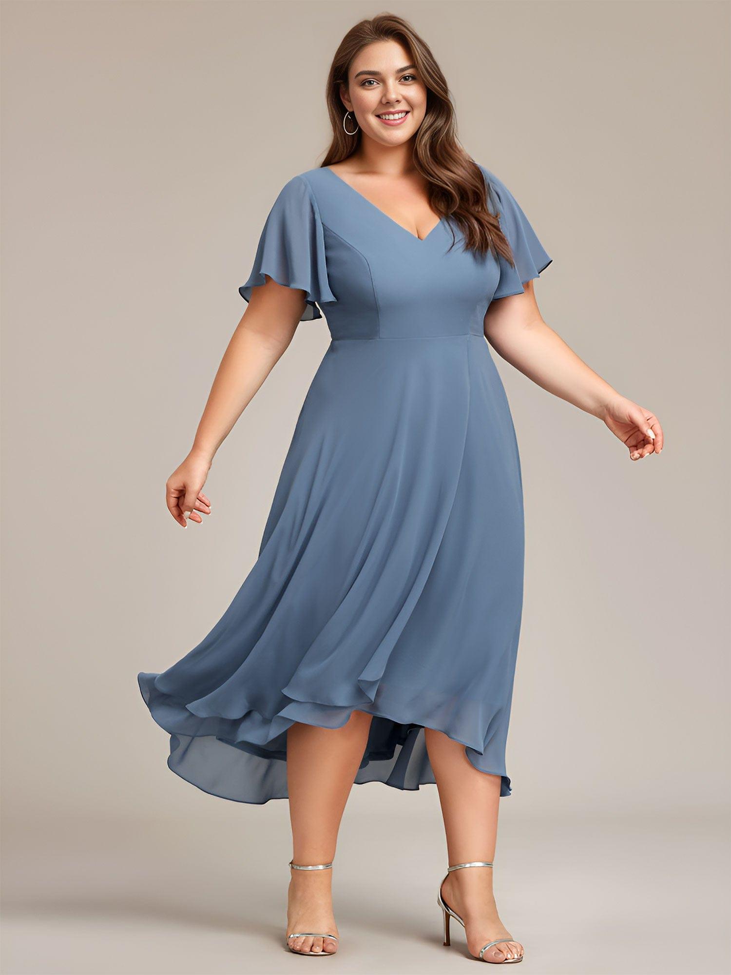 Plus Size High Low Chiffon Wedding Guest Dress with V-Neck and Ruffle Sleeves #color_Dusty Blue