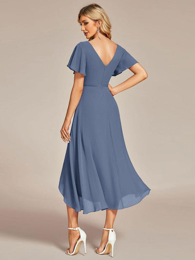 High Low Chiffon Wedding Guest Dress with V-Neck and Ruffle Sleeves #color_Dusty Blue