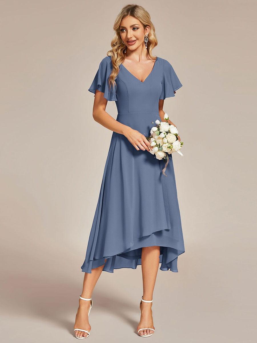 High Low Chiffon Wedding Guest Dress with V-Neck and Ruffle Sleeves #color_Dusty Blue