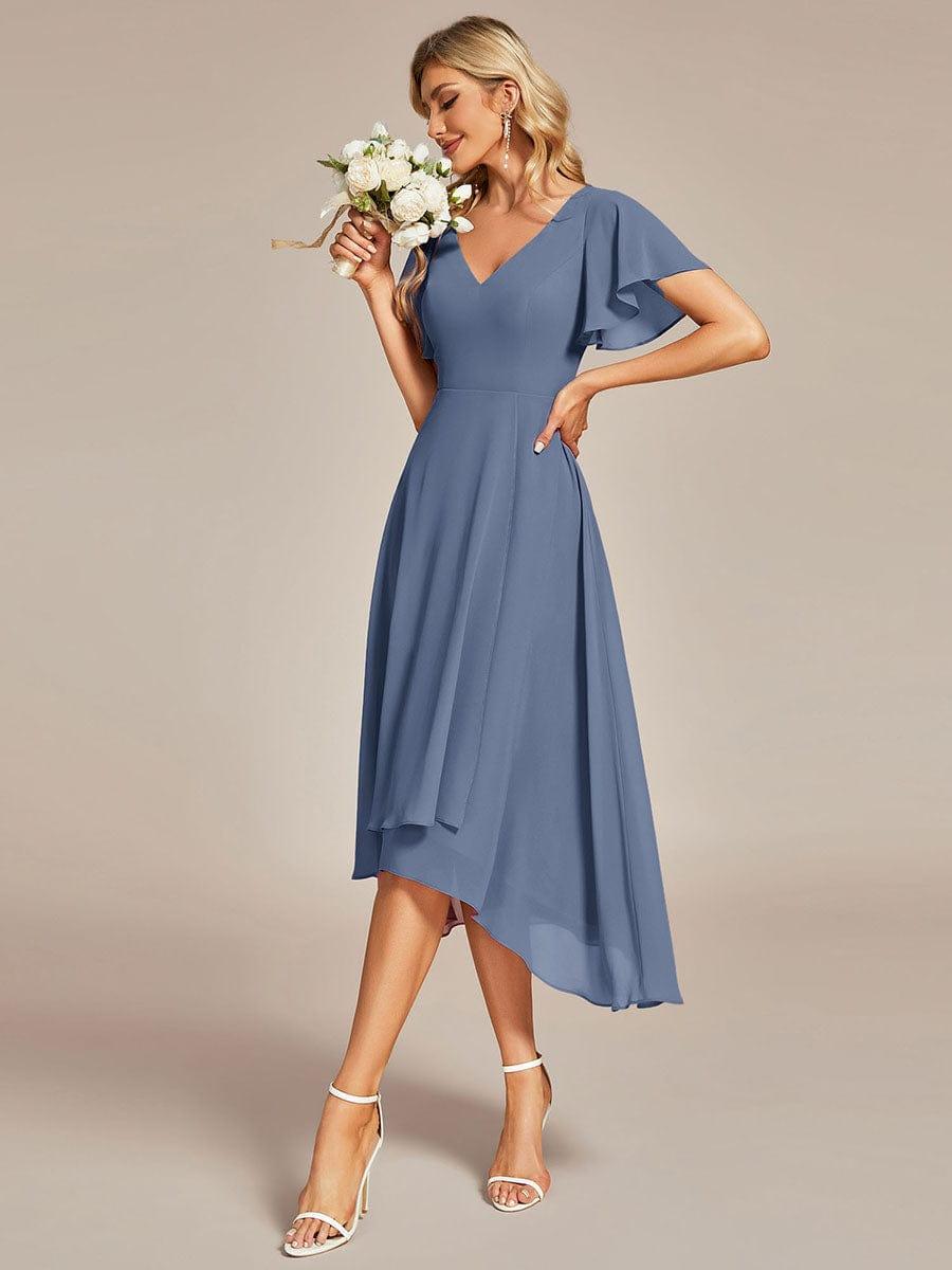 High Low Chiffon Wedding Guest Dress with V-Neck and Ruffle Sleeves #color_Dusty Blue