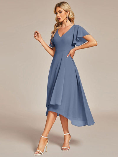 High Low Chiffon Wedding Guest Dress with V-Neck and Ruffle Sleeves #color_Dusty Blue