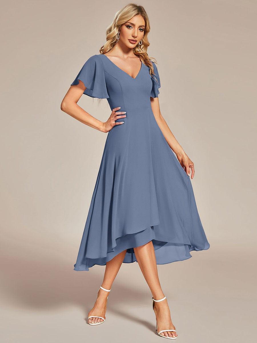 High Low Chiffon Wedding Guest Dress with V-Neck and Ruffle Sleeves #color_Dusty Blue