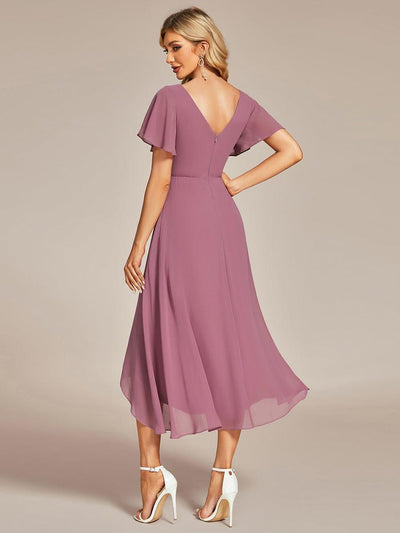 High Low Chiffon Wedding Guest Dress with V-Neck and Ruffle Sleeves #Color_Purple Orchid