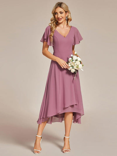 High Low Chiffon Wedding Guest Dress with V-Neck and Ruffle Sleeves #Color_Purple Orchid