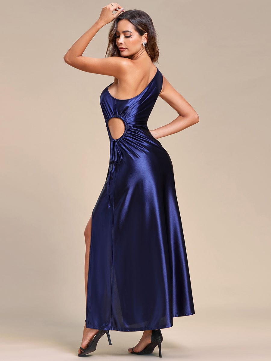 Elegant One Shoulder Cut Out High Split Satin Wedding Guest Dress #color_Navy Blue