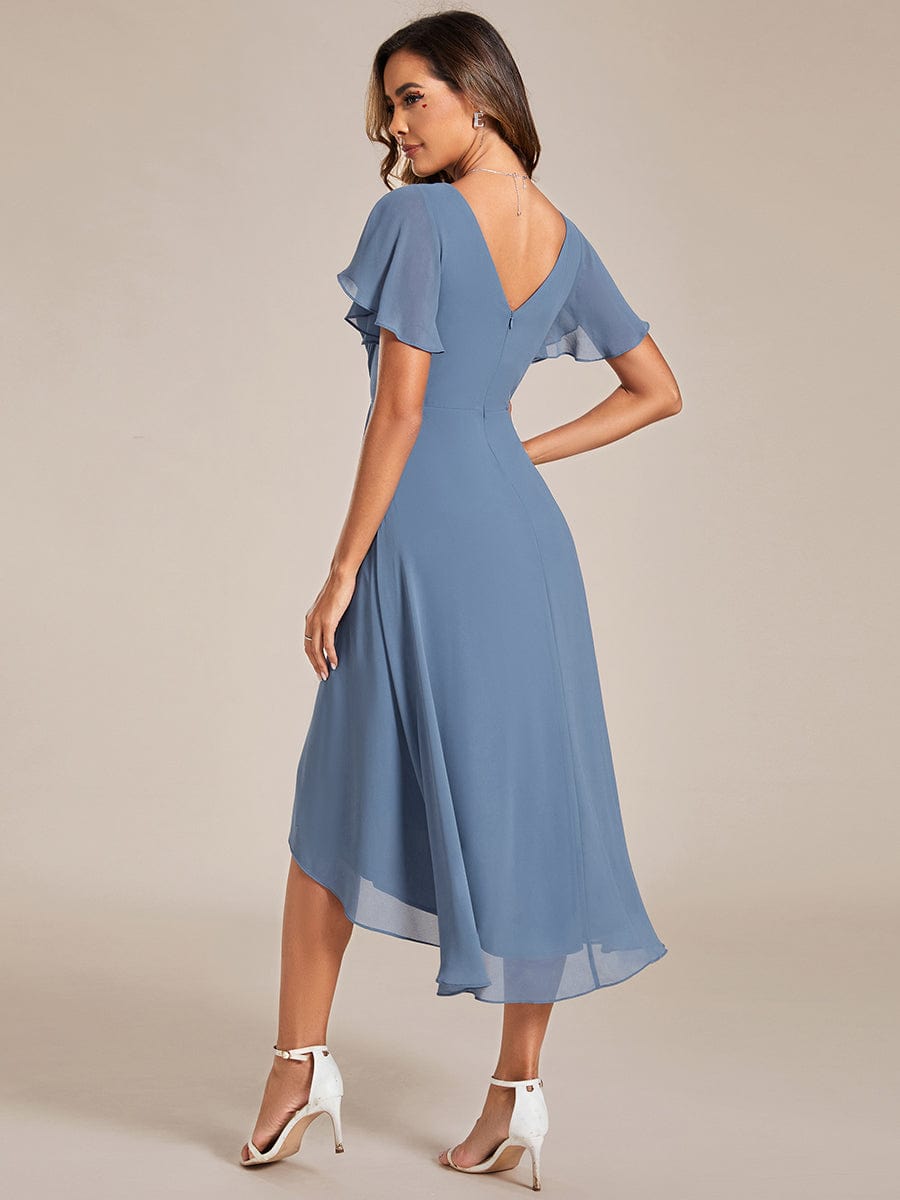 Chic V Neck High-Low Wedding Guest Dress #color_Dusty Navy
