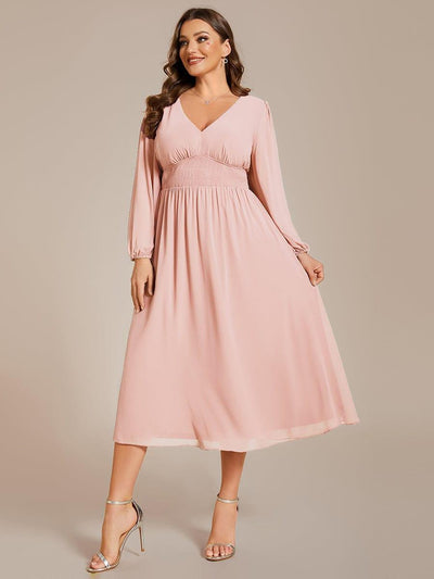 Plus Size Elegant V Neck Long Sleeves Midi Wedding Guest Dress #color_Pink
