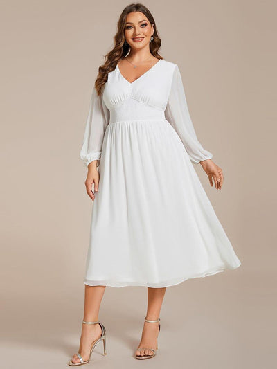 Plus Size Elegant V Neck Long Sleeves Midi Wedding Guest Dress #color_White