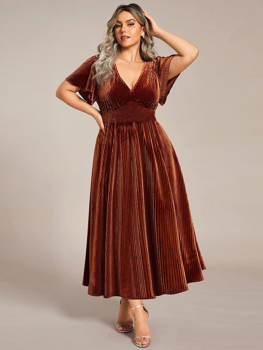 Plus Size A-line V-Neck Short Sleeve Velvet Wedding Guest Dress #color_Caramel