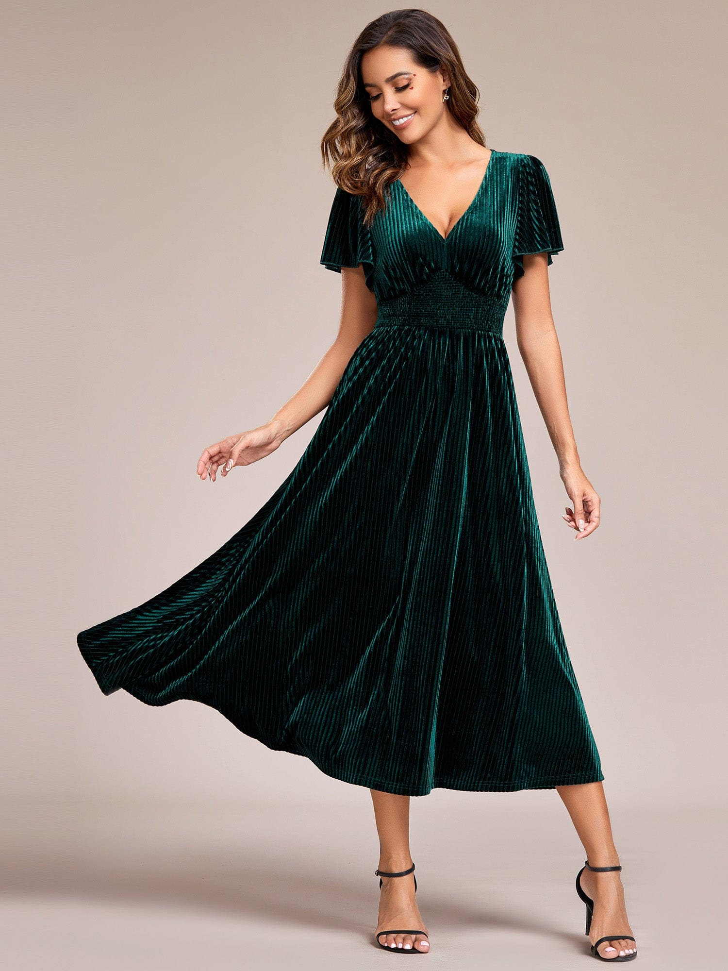 Striped Velvet Flutter Sleeves V-Neck Midi Wedding Guest Dress #color_Dark Green