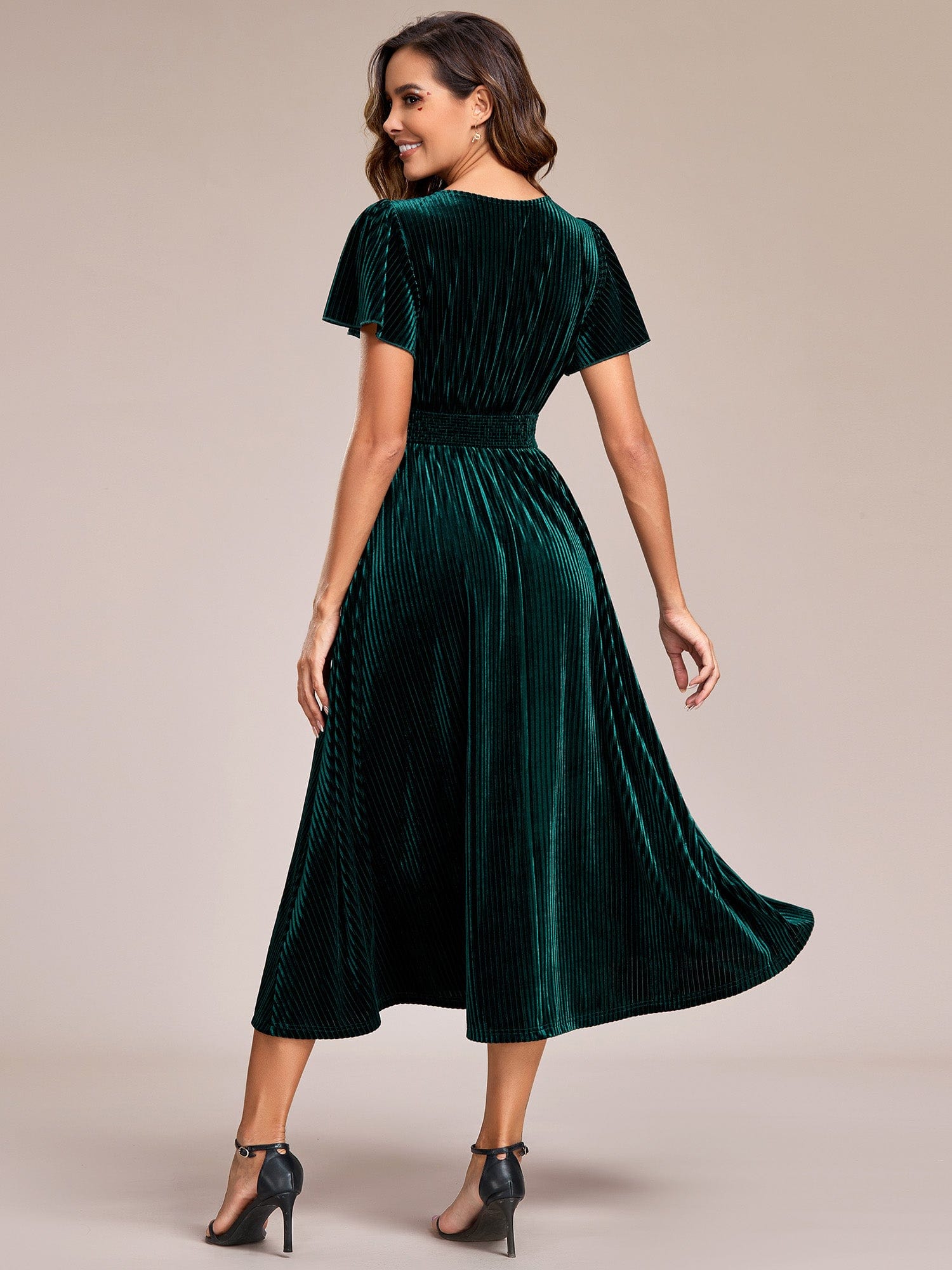 Striped Velvet Flutter Sleeves V-Neck Midi Wedding Guest Dress #color_Dark Green