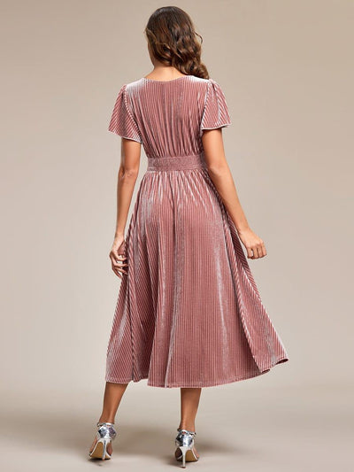 Striped Velvet Flutter Sleeves V-Neck Midi Wedding Guest Dress #color_Purple Orchid