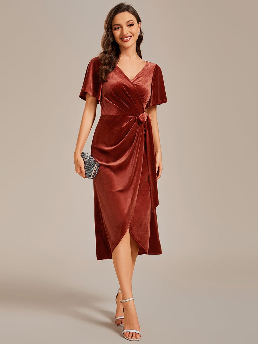 Charming Flutter Sleeves V-Neck Velvet Wedding Guest Dress #color_Brick Red