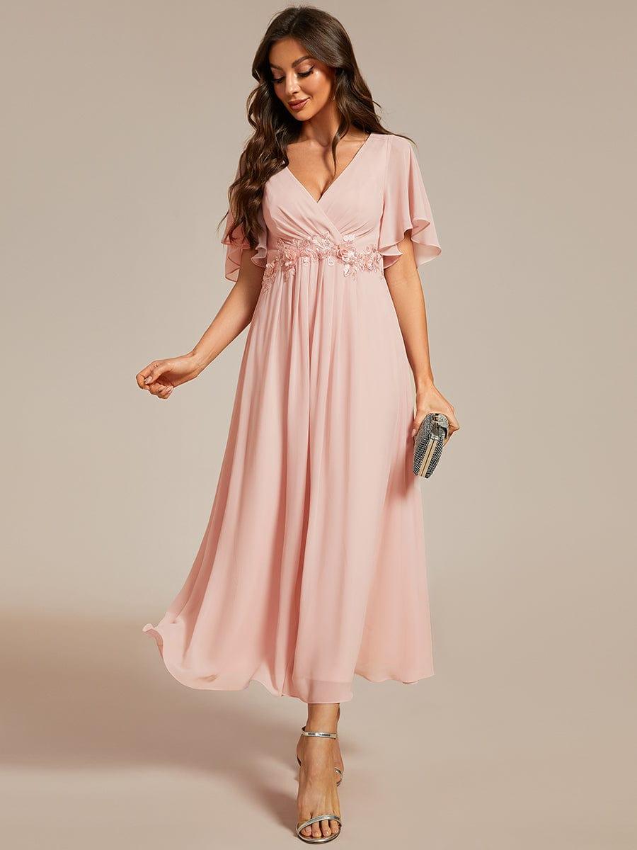 V-Neck Chiffon Wedding Guest Dress with Waist Applique #color_Pink