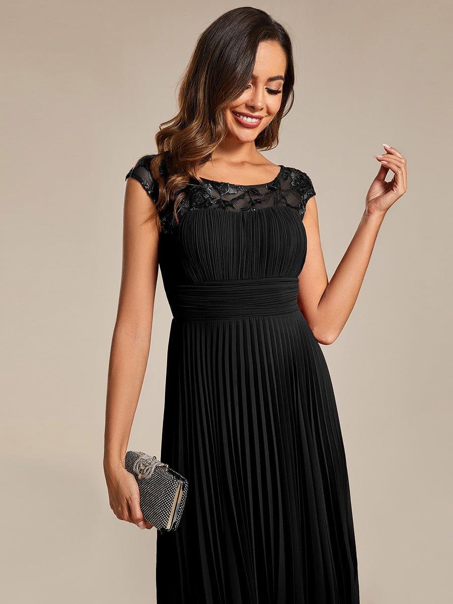 Sleeveless Chiffon A-Line Wedding Guest Dress with Pleats and Round Neckline #color_Black
