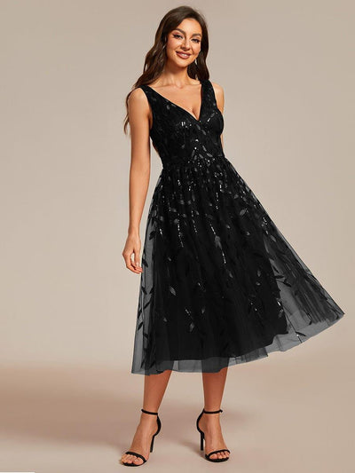 Sequined V-Neck A-Line Midi Wedding Guest Dress with Sleeveless #color_Black