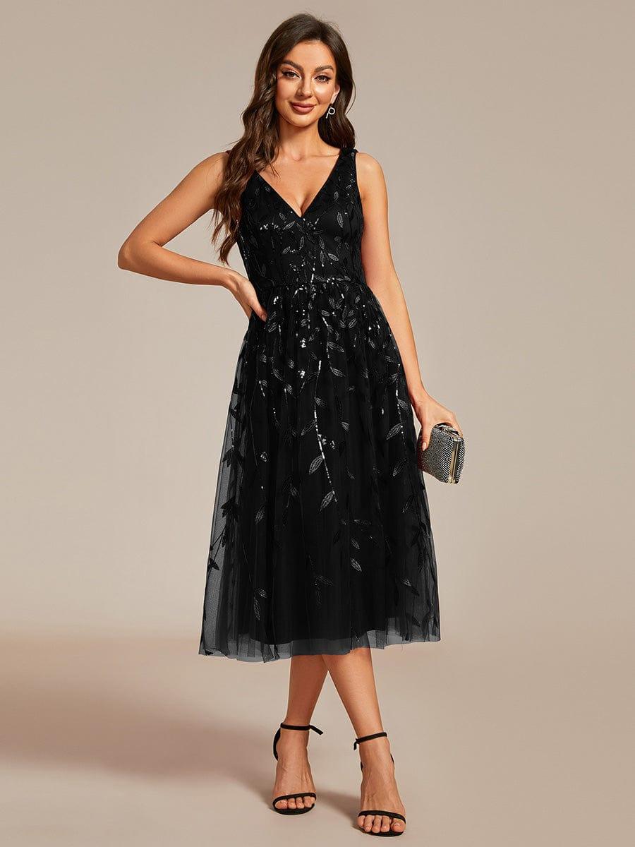 Sequined V-Neck A-Line Midi Wedding Guest Dress with Sleeveless #color_Black