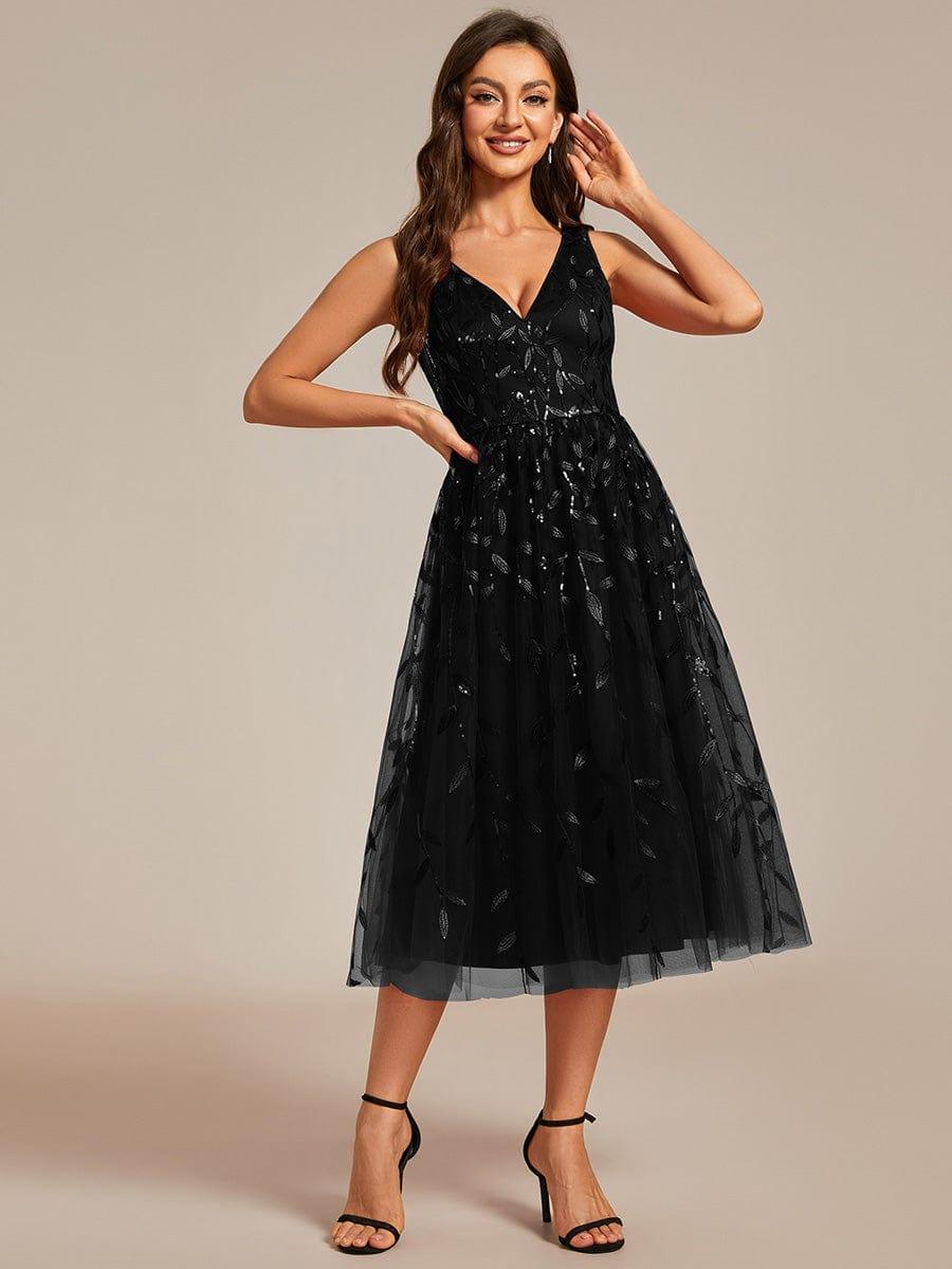 Sequined V-Neck A-Line Midi Wedding Guest Dress with Sleeveless #color_Black