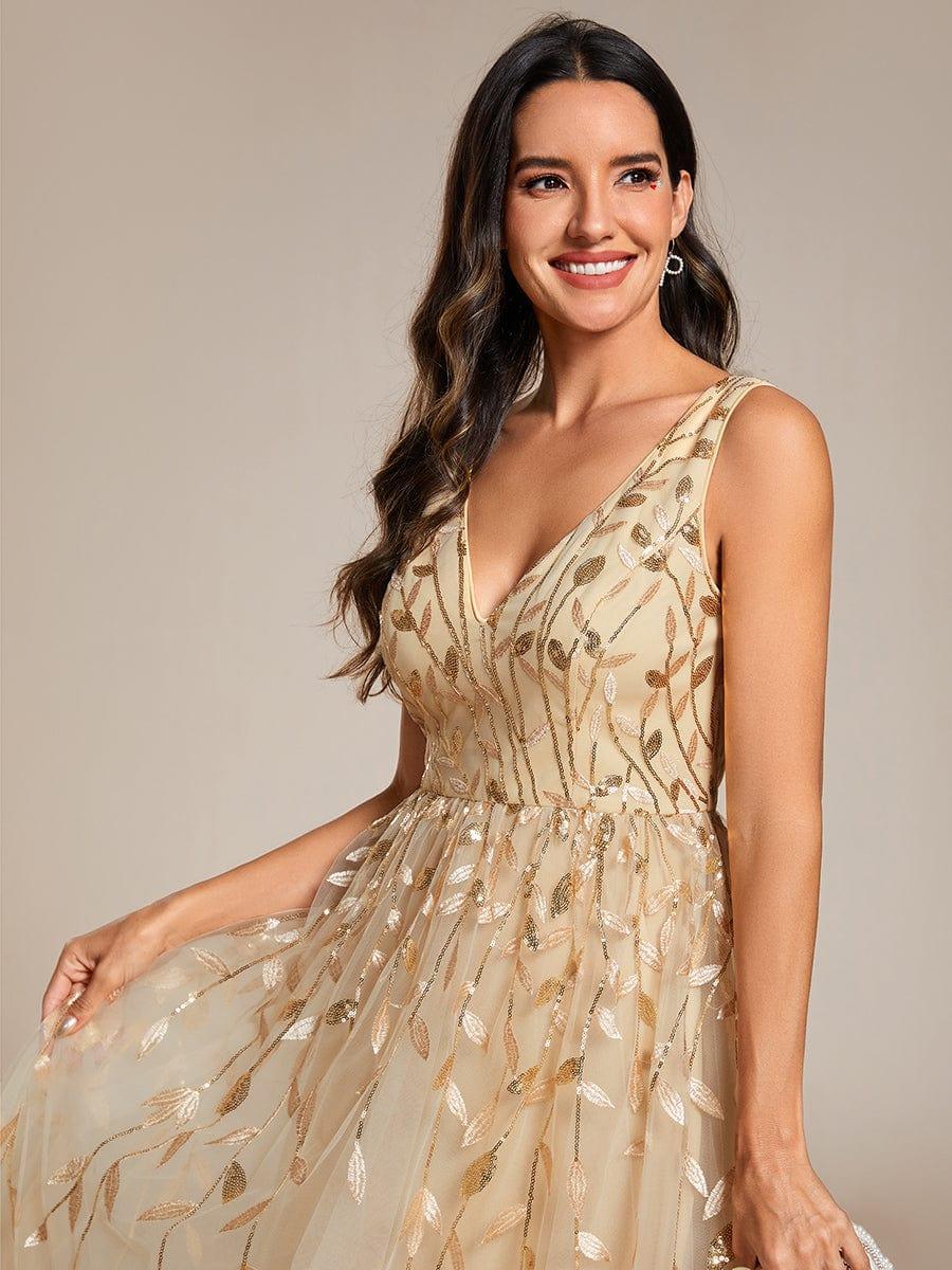 Sequined V-Neck A-Line Midi Wedding Guest Dress with Sleeveless #color_Gold