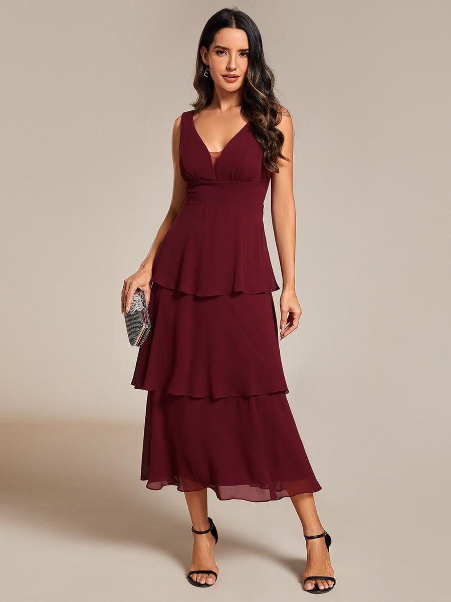 Layered hem V-Neck Sleeveless A-Line Chiffon Wedding Guest Dress #color_Burgundy