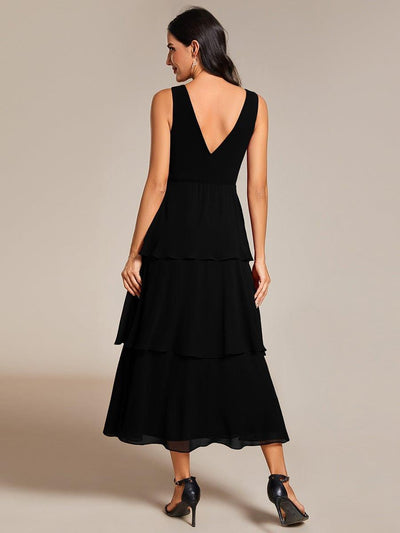Layered hem V-Neck Sleeveless A-Line Chiffon Wedding Guest Dress #color_Black