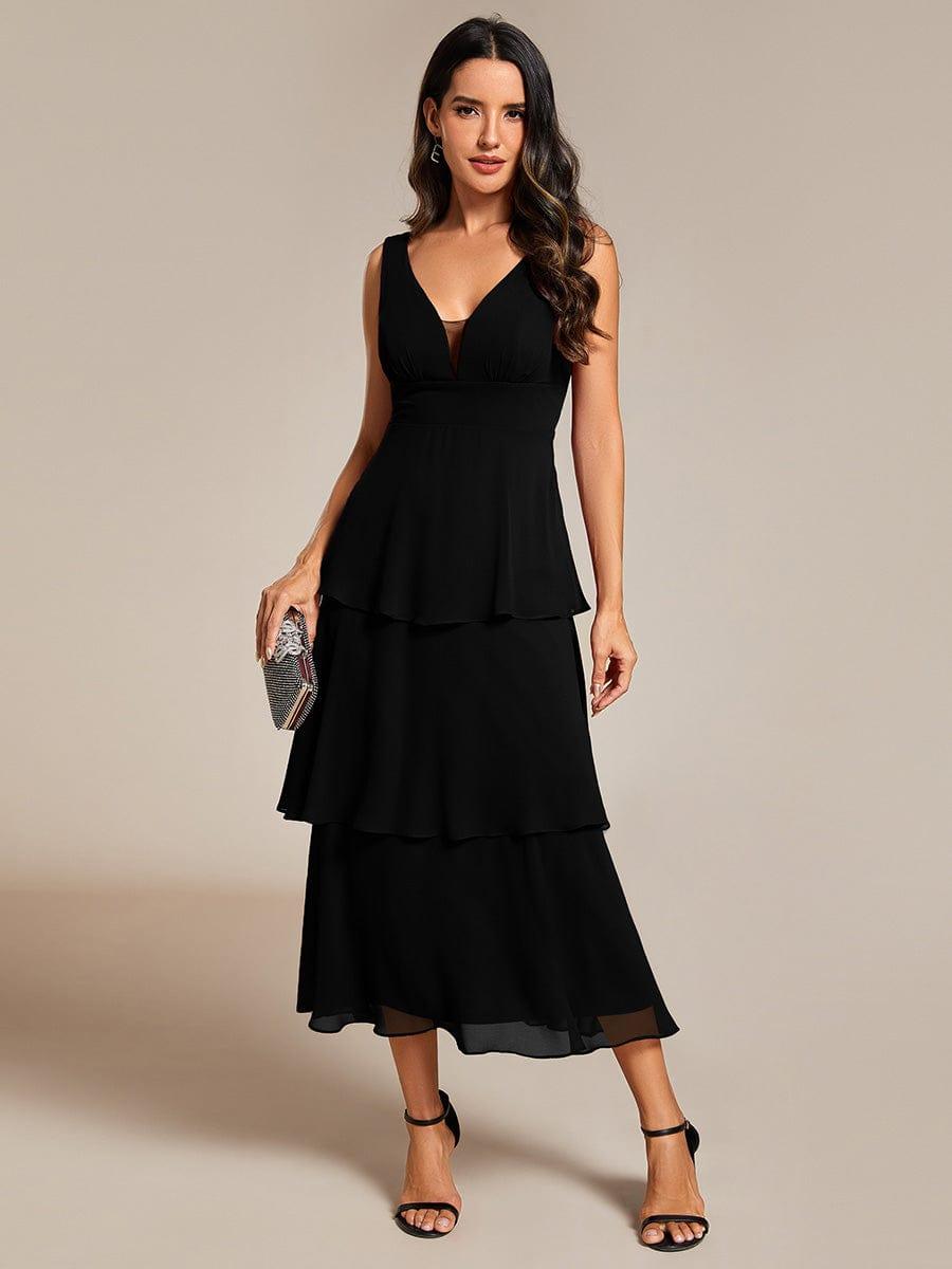Layered hem V-Neck Sleeveless A-Line Chiffon Wedding Guest Dress #color_Black