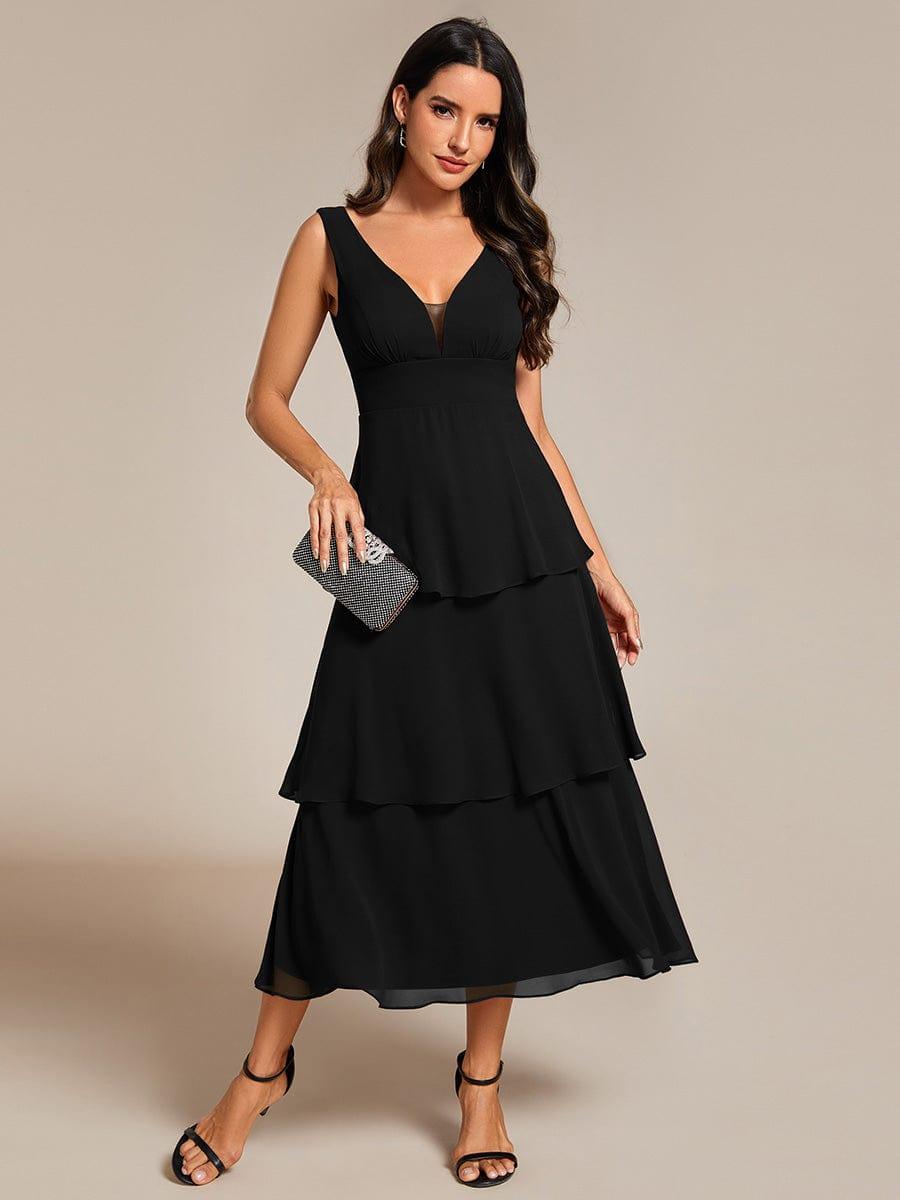 Layered hem V-Neck Sleeveless A-Line Chiffon Wedding Guest Dress #color_Black