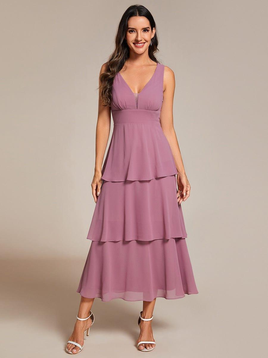 Layered hem V-Neck Sleeveless A-Line Chiffon Wedding Guest Dress #color_Purple Orchid