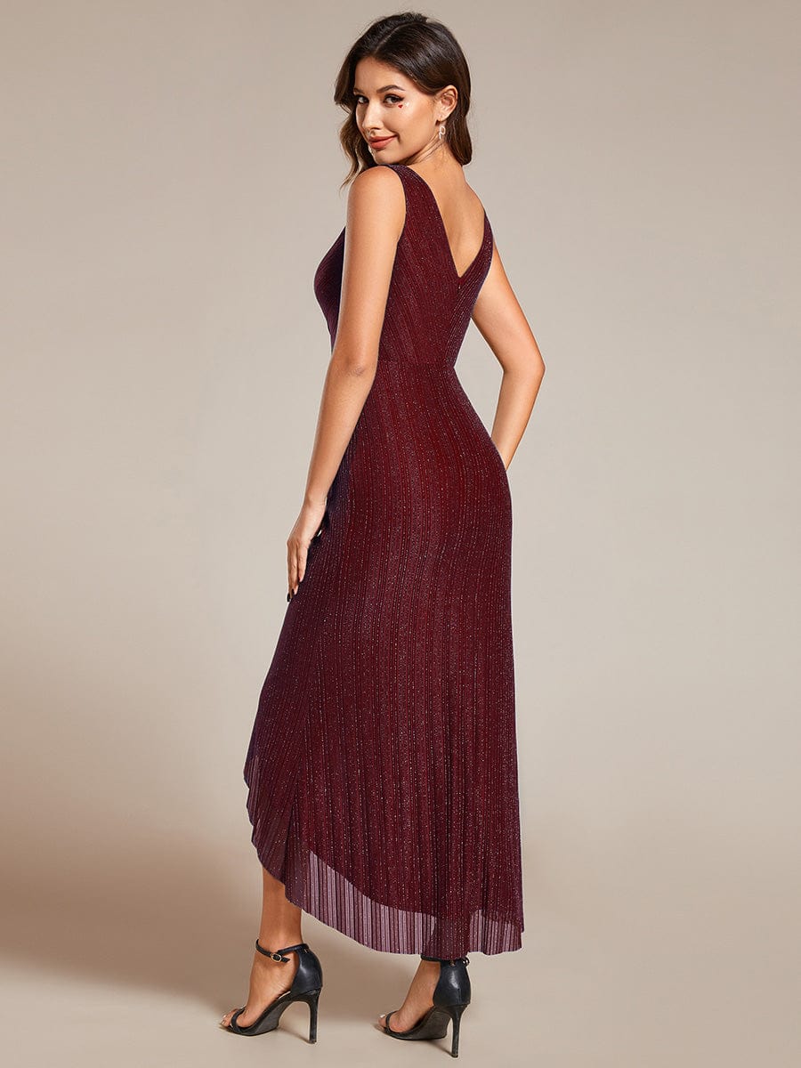 Sleeveless High-Low Fishtail Wedding Guest Dress with Lotus Leaf #color_Burgundy