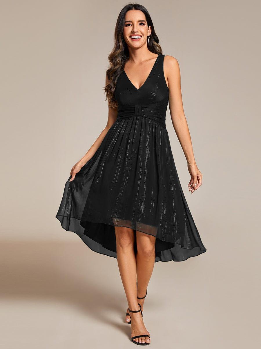 Glitter High-Low Waist Pleated Sleeveless Wedding Guest Dress #color_Black