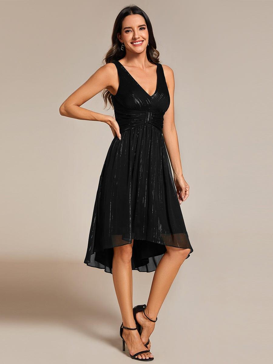 Glitter High-Low Waist Pleated Sleeveless Wedding Guest Dress #color_Black