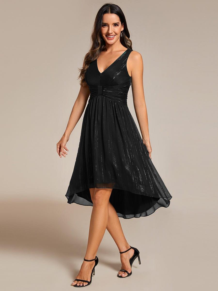 Glitter High-Low Waist Pleated Sleeveless Wedding Guest Dress #color_Black