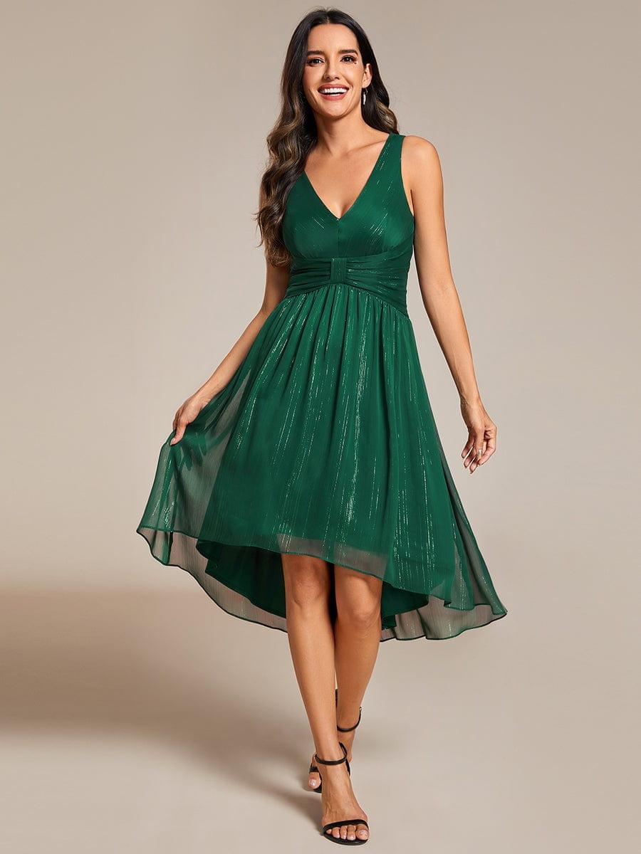 Glitter High-Low Waist Pleated Sleeveless Wedding Guest Dress #color_Dark Green