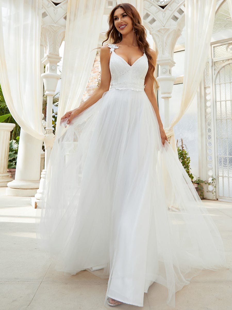 Custom Size Double V Neck Lace Bodice Floor Length A-Line Wedding Dress #color_Cream Custom Size Double V Neck Lace Bodice Floor Length Tulle Wedding Dress