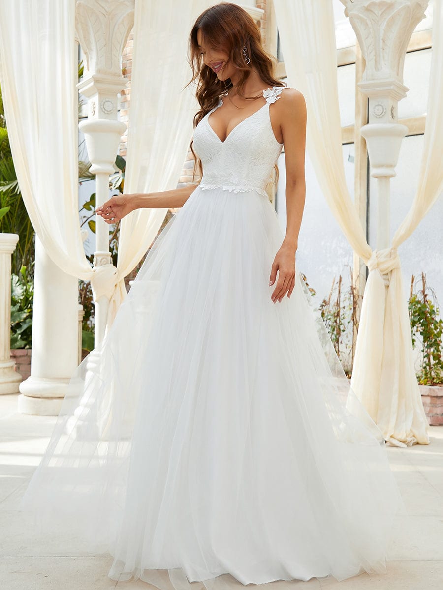 Custom Size Double V Neck Lace Bodice Floor Length A-Line Wedding Dress #color_Cream Custom Size Double V Neck Lace Bodice Floor Length Tulle Wedding Dress