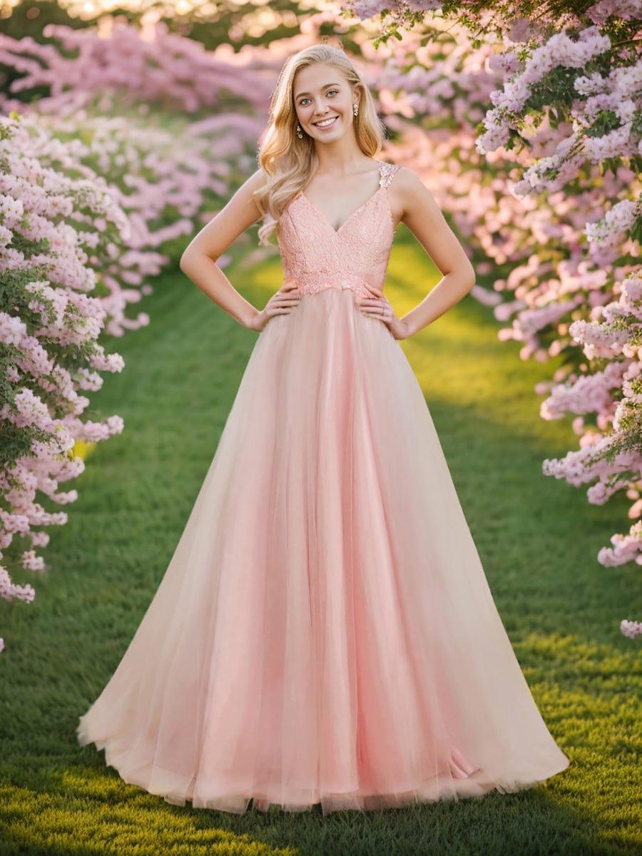 Double V Neck Lace Bodice Floor Length Tulle Wedding Dress #color_Pink