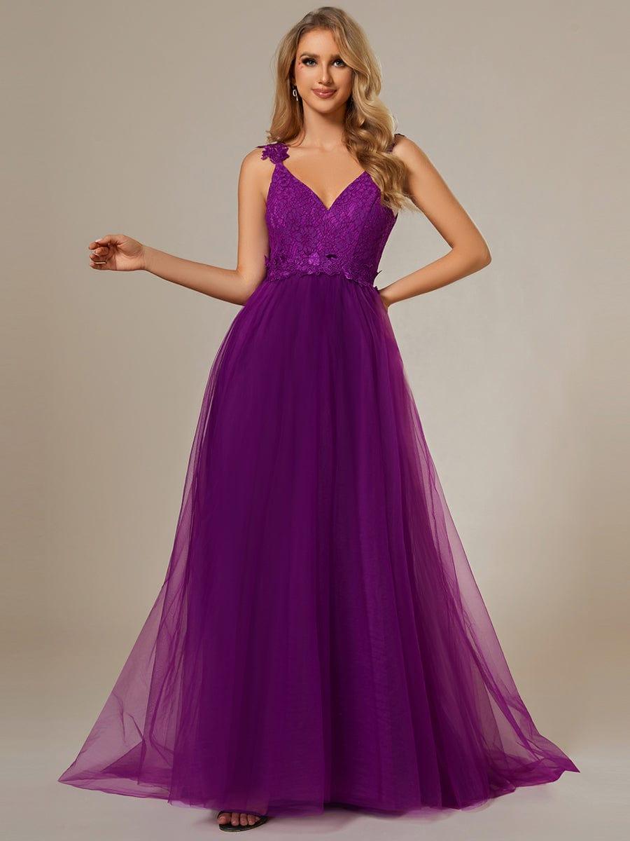 Double V Neck Lace Bodice Floor Length Tulle Wedding Dress #color_Purple Wisteria