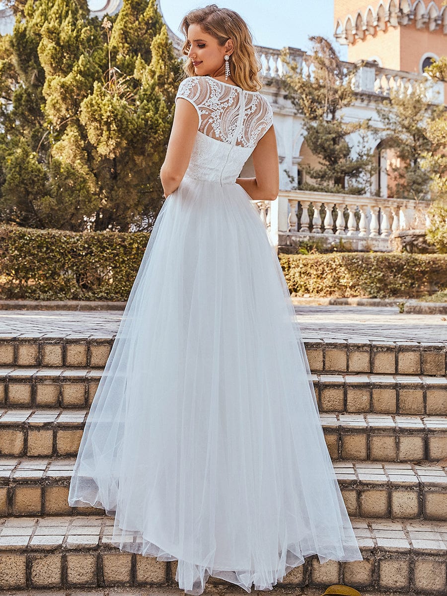 Custom Size A-Line V-Neck Wedding Gown With Cover Sleeves #color_Cream Custom Size A line V neck Wedding Gown with Cover Sleeves
