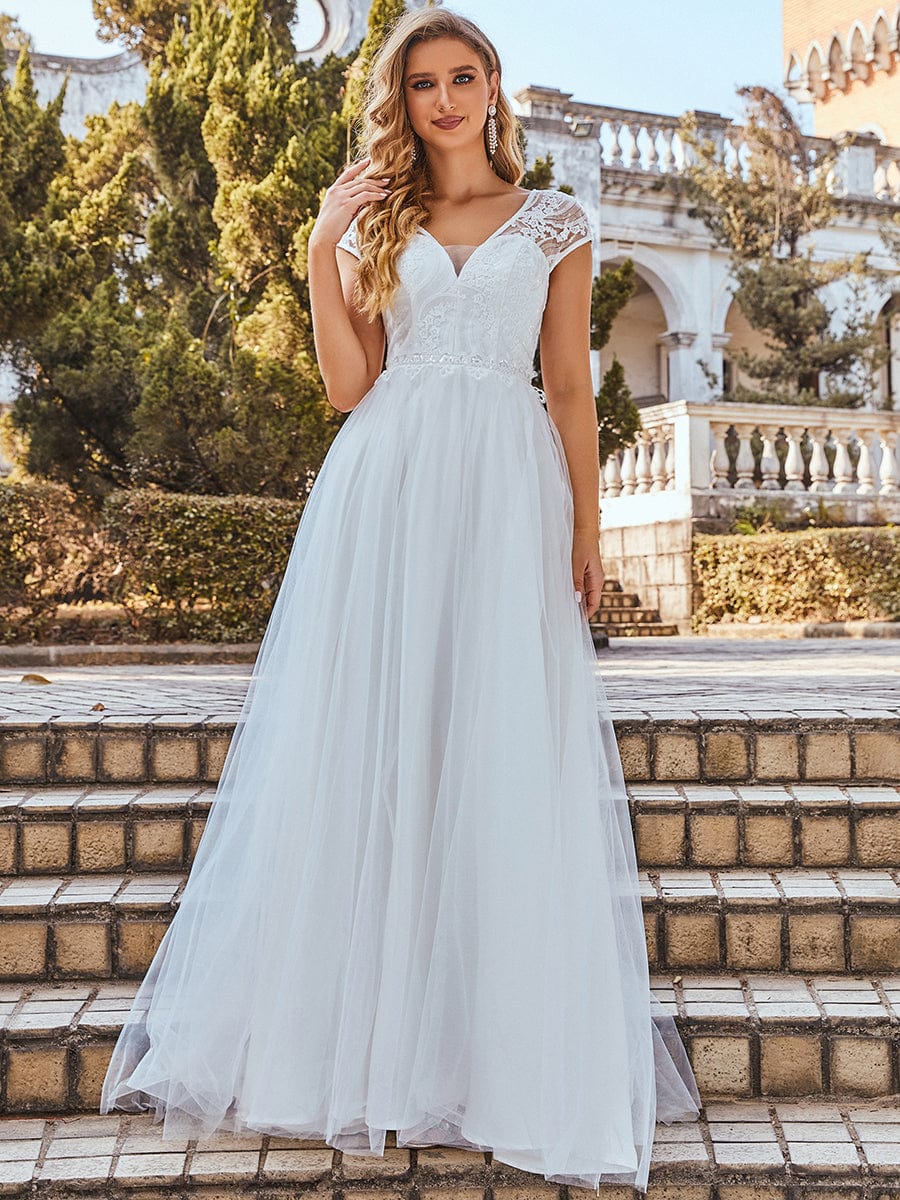 Custom Size A-Line V-Neck Wedding Gown With Cover Sleeves #color_Cream Custom Size A line V neck Wedding Gown with Cover Sleeves